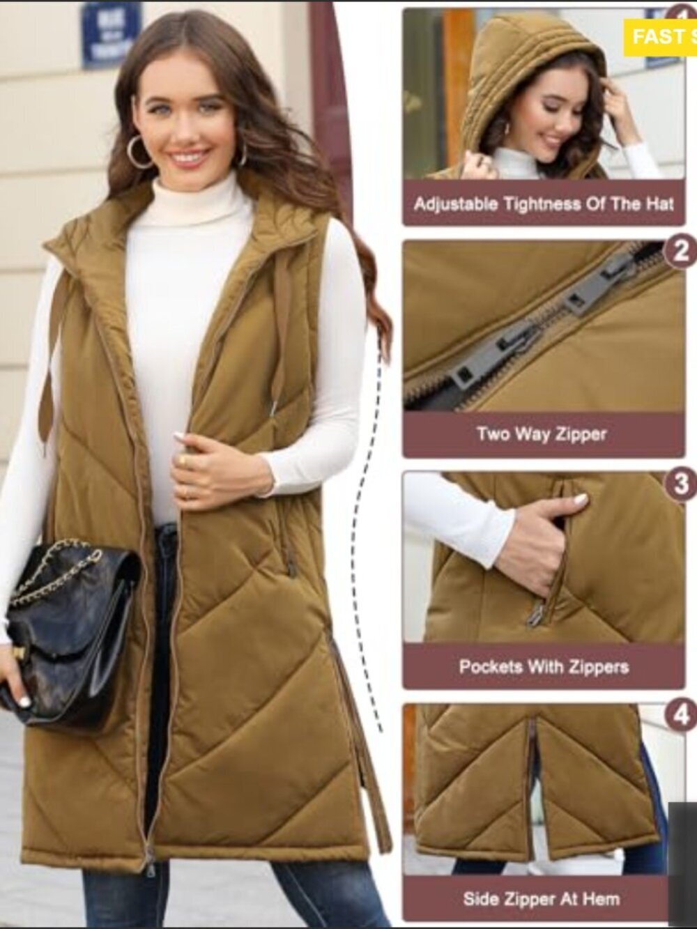 Long Puffer Vest Sleeveless Hooded Quilted Winter Outerwear Zip Up Pockets - Picture 3 of 7